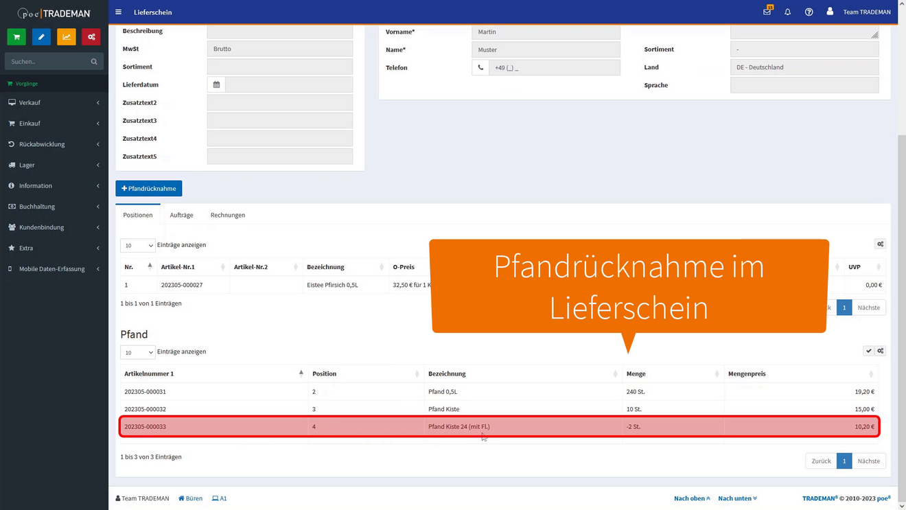 Pfandrückname & Leergutrücknahme im Lieferschein