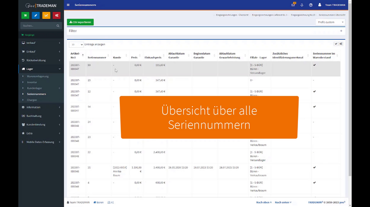 Übersicht aller Seriennummern in der TRADEMAN Warenwirtschaft